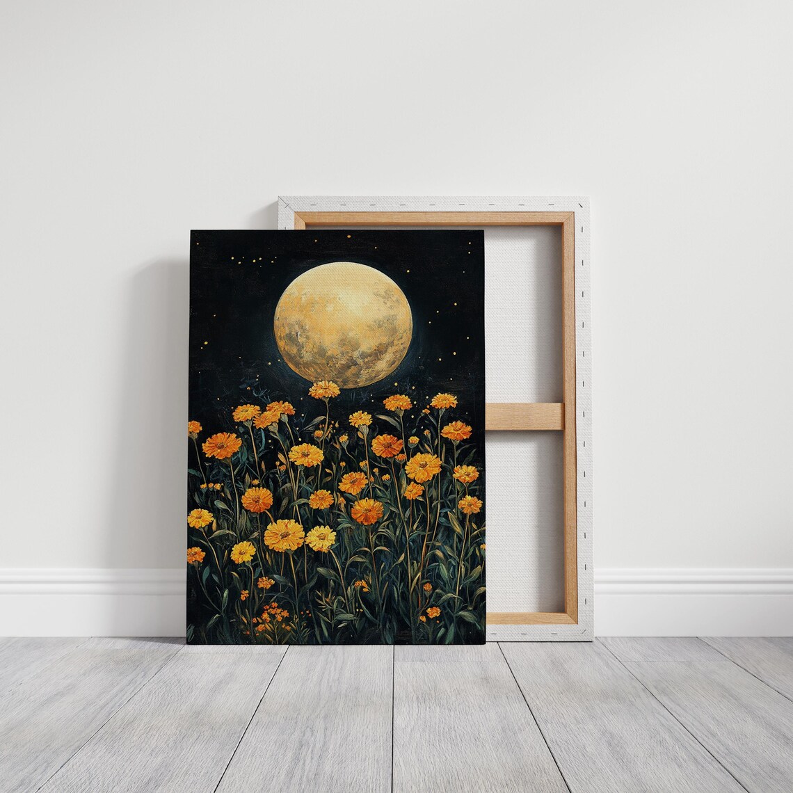 Golden Full Moon Over Marigold Field Starry Night Floral Poster - Image 3