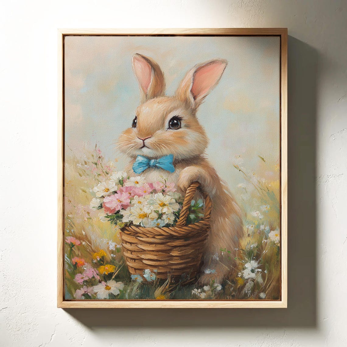 Charming Bunny Art Cute Rabbit With Flowers In Basket Adorable Pastel Spring Wall Decor Perfect For Nursery Or Easter Decor - Image 4