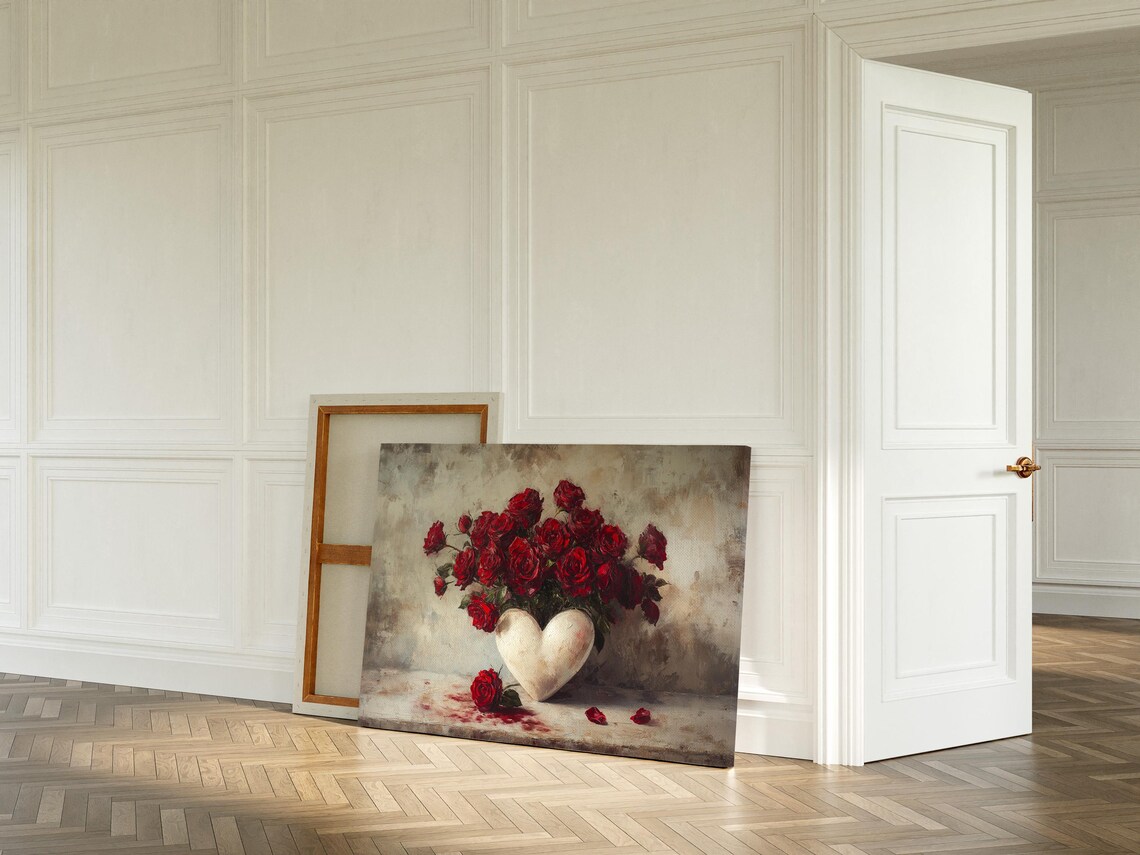 Red Roses In White Heart Vase Romantic Floral Oil Painting Poster - Image 5