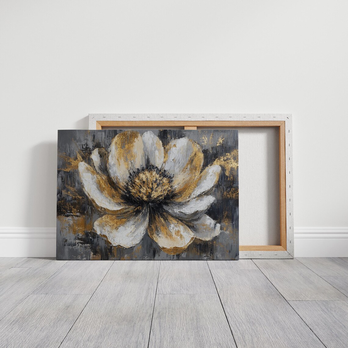 White Gold Abstract Flower Gray Textured Oil Painting Style Poster - Image 3