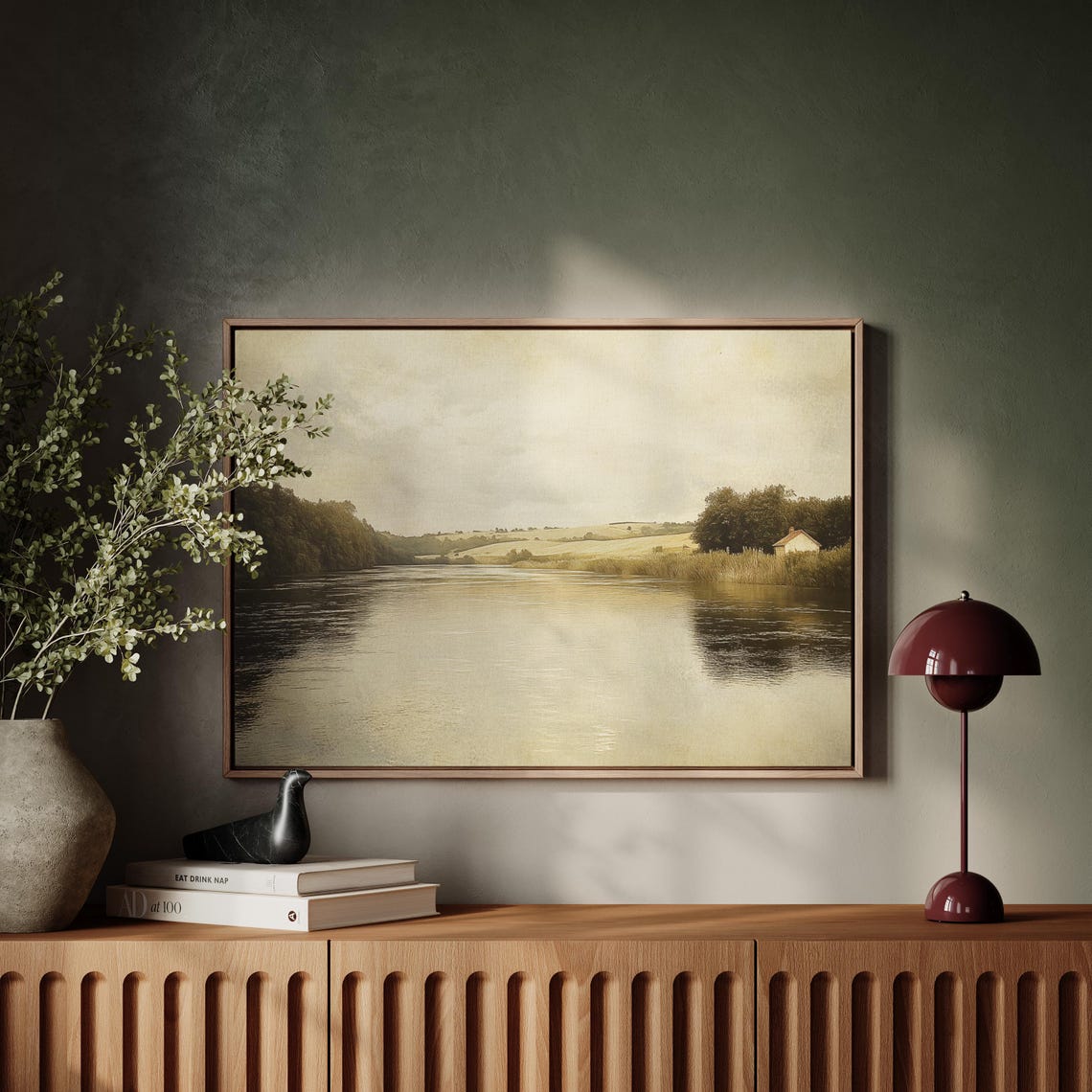 Tranquil River Bend Vintage Cabin Lakeside Countryside View Poster