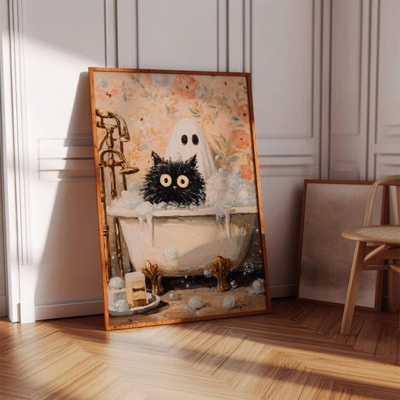 Whimsical Black Cat And Bath Canvas Wall Art Cute Halloween Spooky Bathroom Print Funny Vintage Tub Painting For Quirky Home Dcor
