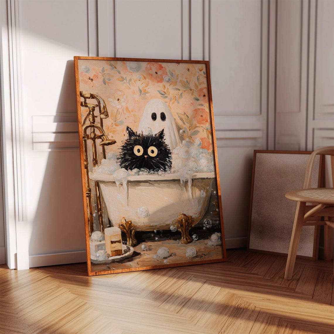 Black Cat Bubble Bath With Cute Ghost Halloween Whimsical Art Print