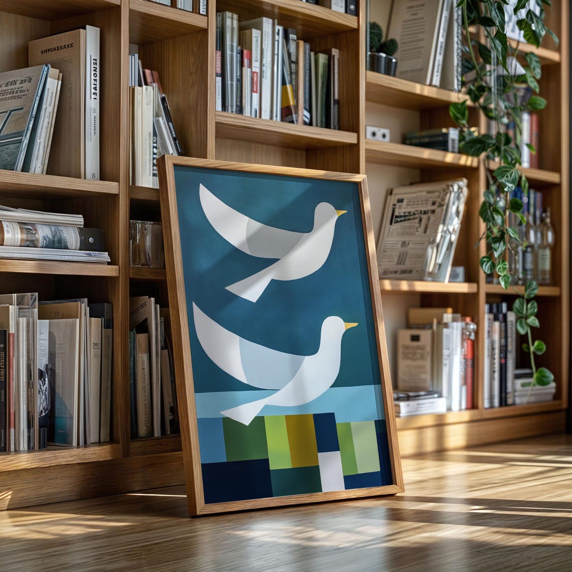 White Seagulls Flying Over Blue Geometric Sea Pattern Wall Art