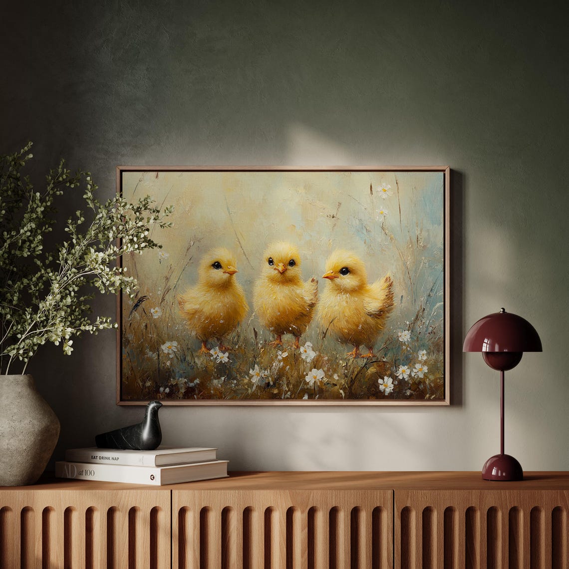 Three Fluffy Yellow Chicks In Daisy Field Adorable Spring Wall Art - Image 5