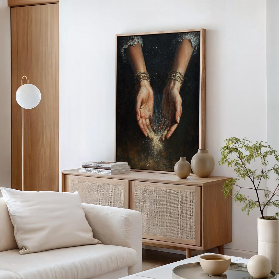 Cupped Hands Releasing Golden Stardust Dark Magical Sparkle Wall Art - Image 6