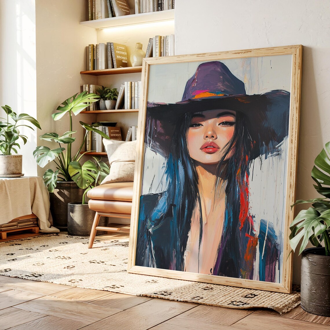 Bold Cowgirl Portrait Painting Wide Brim Hat Modern Western Poster