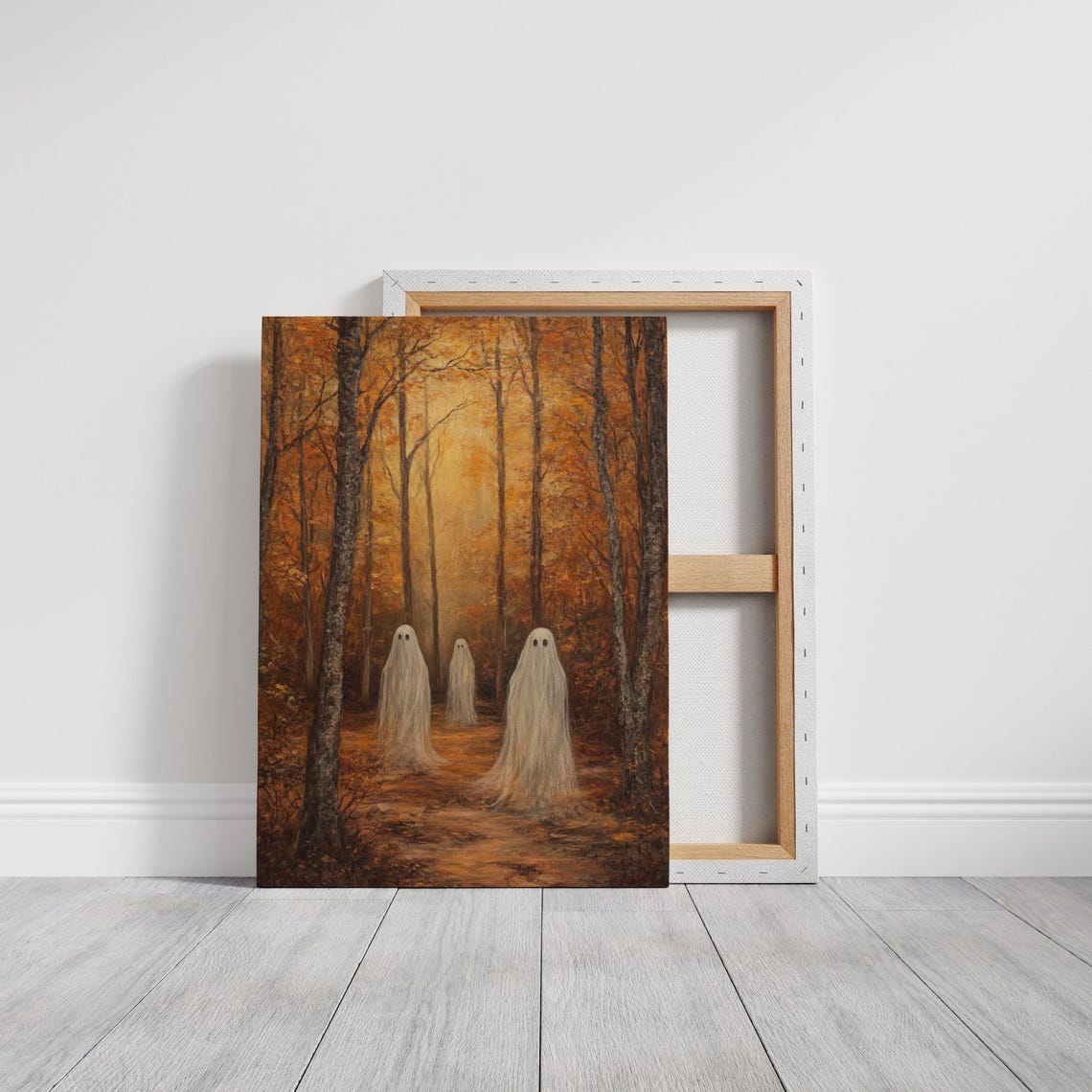 Three Ghosts In Dark Fiery Autumn Forest Path Halloween Art Print - Image 2