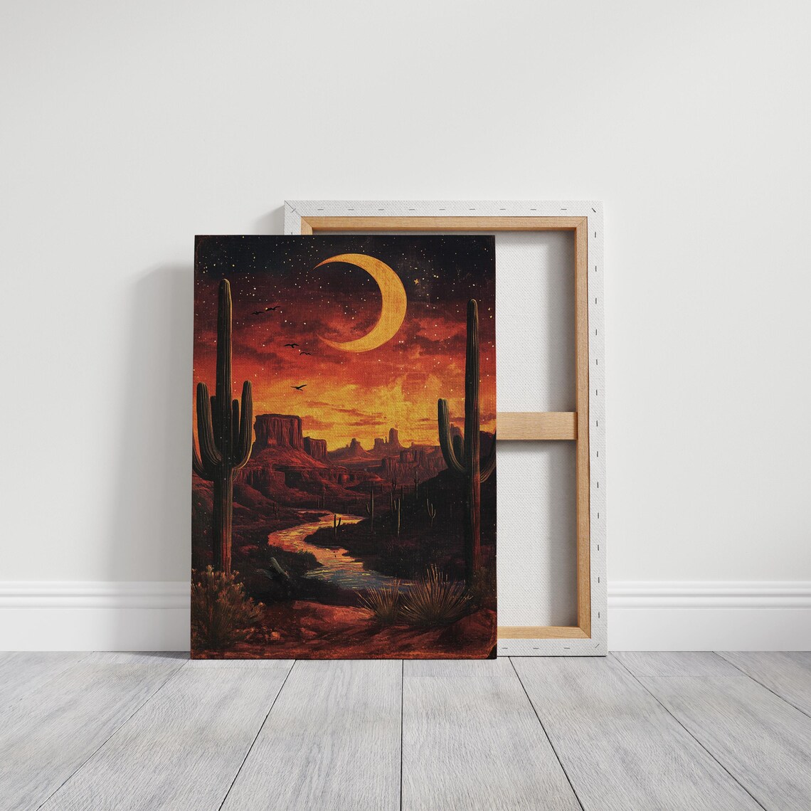 Desert Canyon Under Giant Crescent Moon River Landscape Poster - Image 3