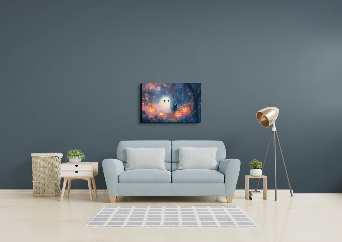 Smiling Ghost Black Cat Pumpkins Magical Forest Scene Poster - Image 7