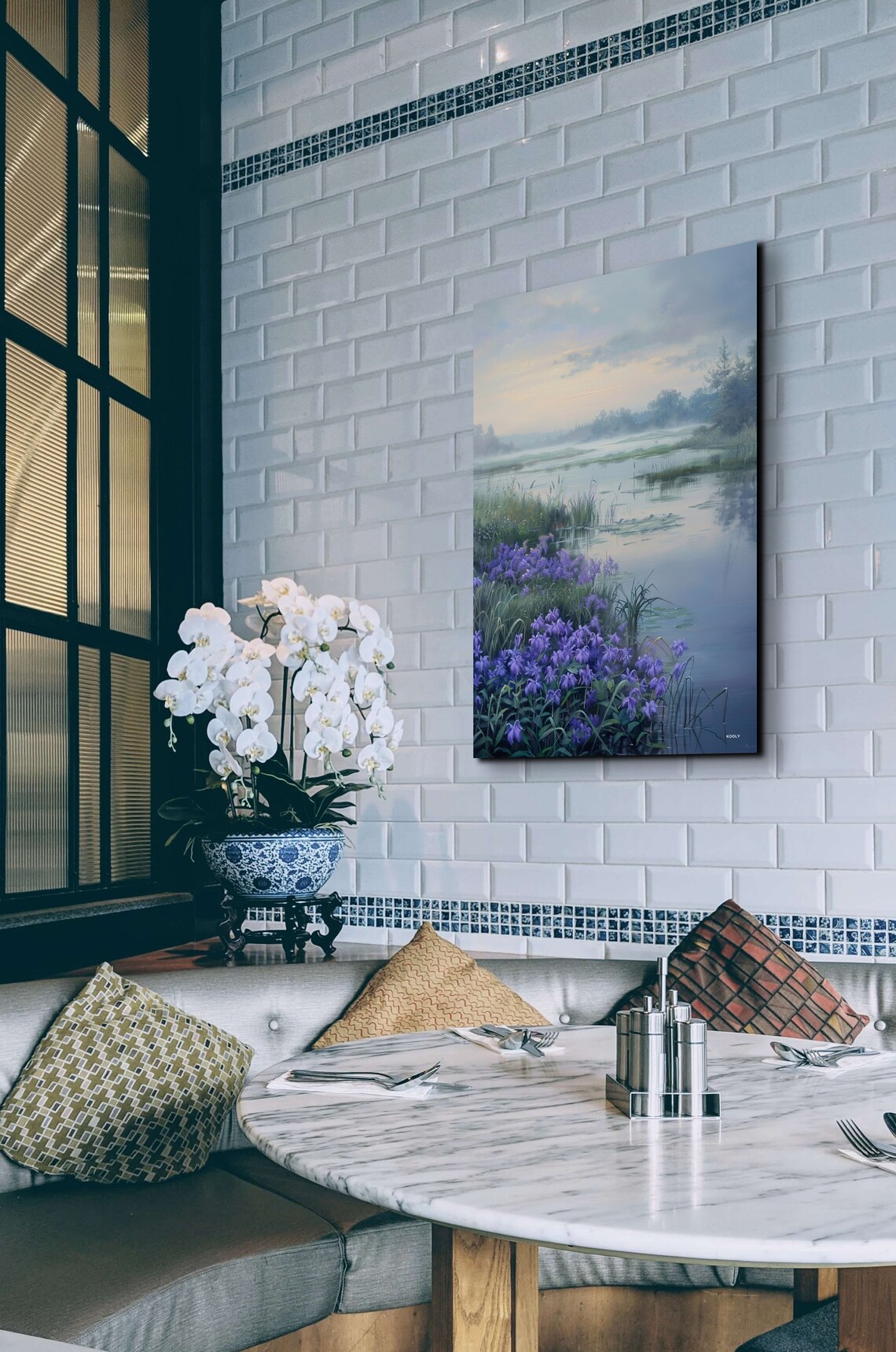 Purple Wildflower Meadow Along Misty River Nature Wall Poster - Image 6