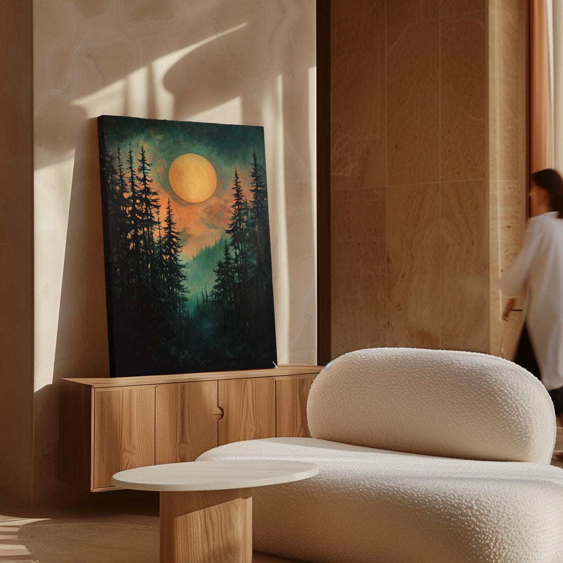 Golden Full Moon Over Misty Pine Forest Night Landscape Poster - Image 5