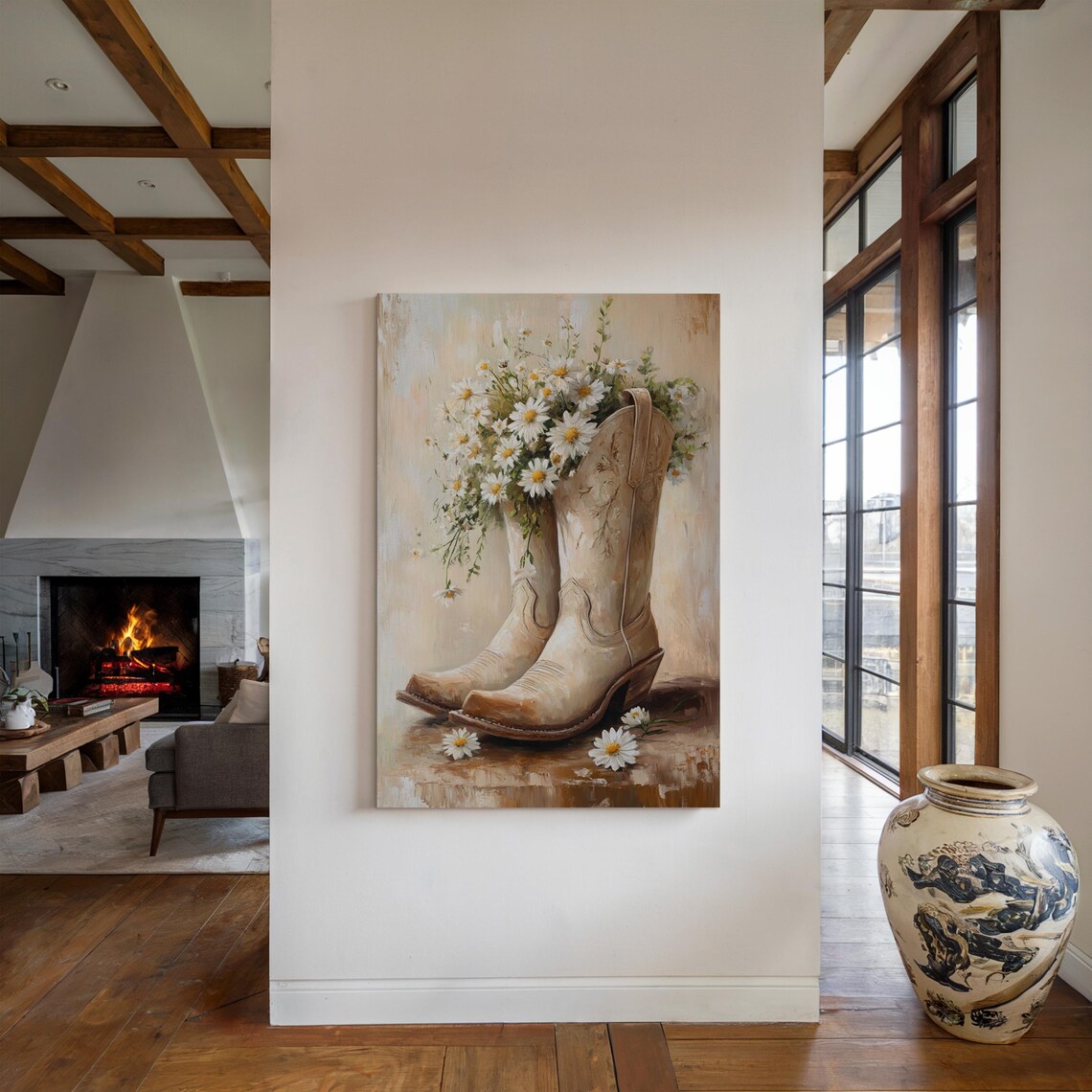 Vintage Cowboy Boots With Daisies, Rustic Farmhouse Art Print - Image 2
