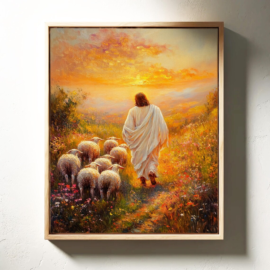 Jesus Leading His Flock Through a Wildflower Meadow at Golden Sunset Poster - Image 3