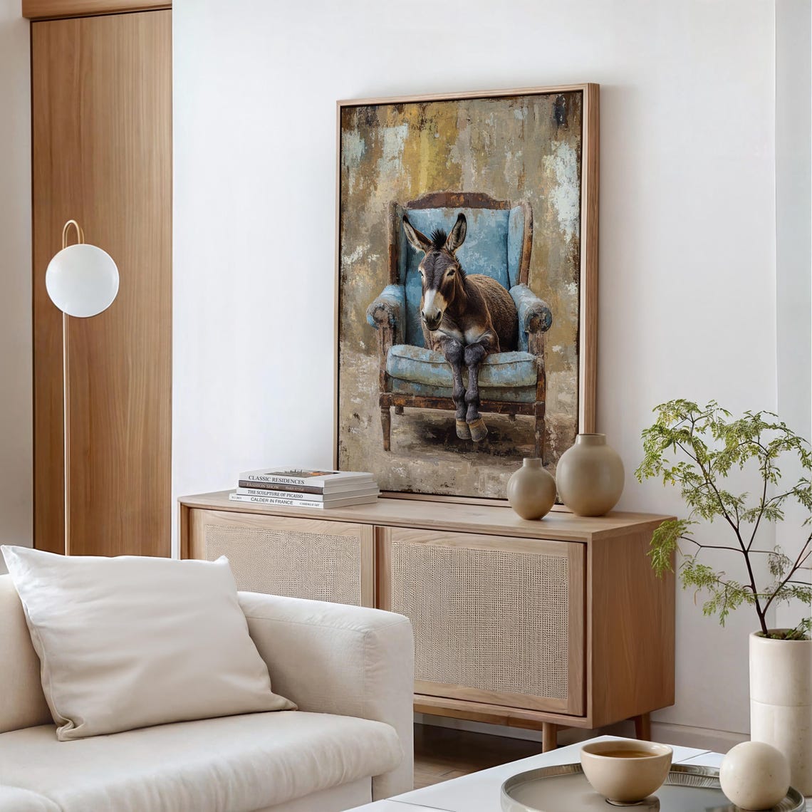 Charming Donkey Sitting in a Rustic Blue Armchair Art Poster - Image 5