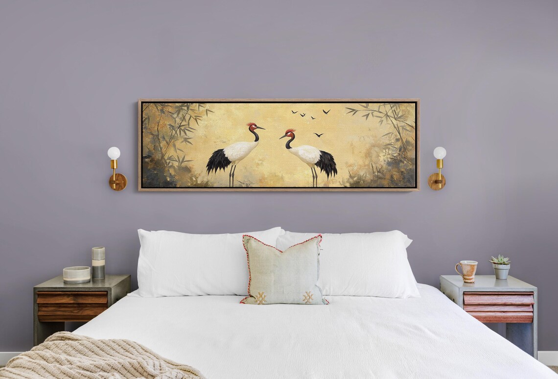 Red Crowned Cranes Facing Each Other Golden Japanese Bamboo Art Poster - Image 5