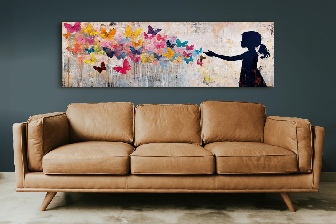 Girl Silhouette Releasing Colorful Butterflies Whimsical Art Poster - Image 3