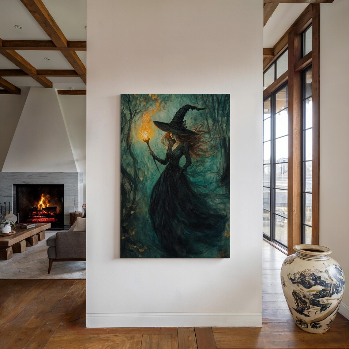 Mystical Witch Holding a Flaming Torch in a Dark Enchanted Forest Poster - Image 4