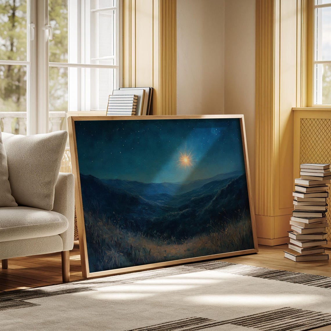 Bright Star Over Moonlit Blue Valleys Serene Night Sky Wall Art - Image 6