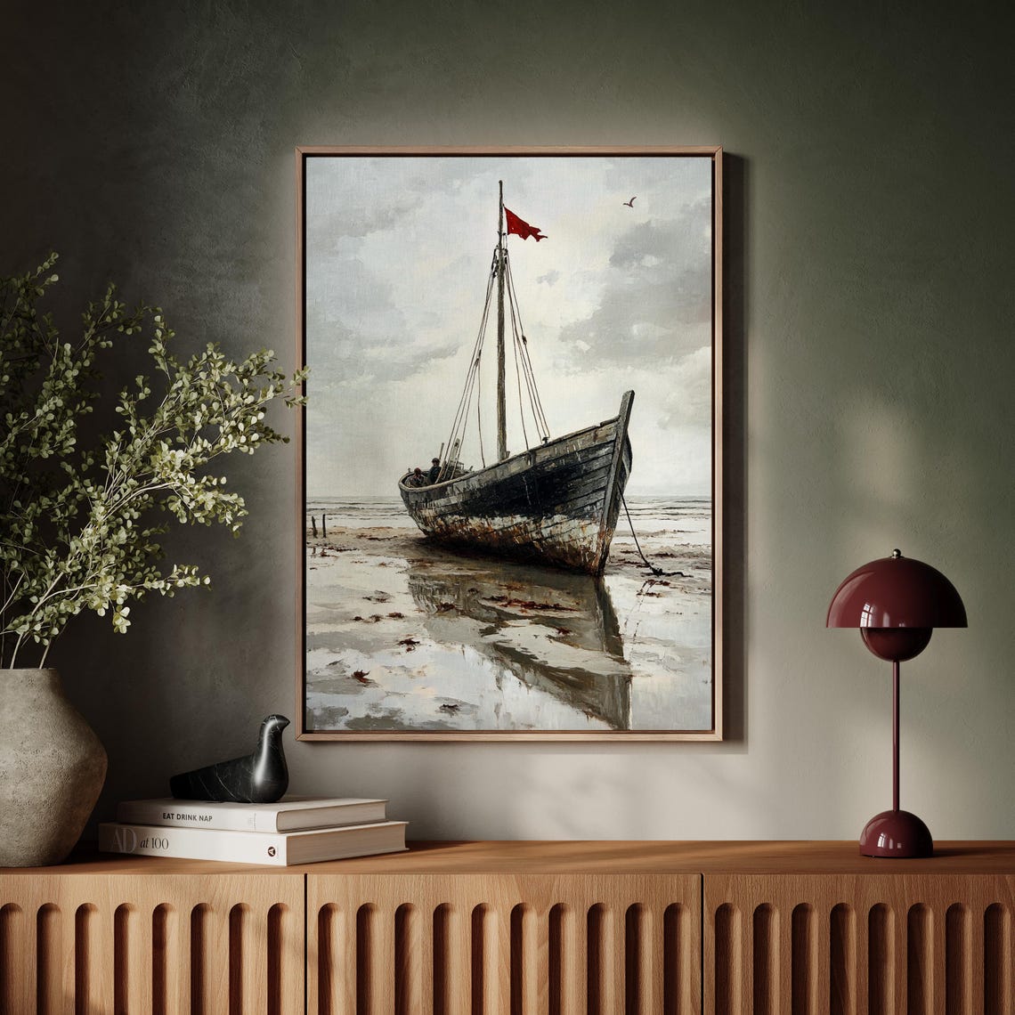 Old Shipwreck On The Shore Red Flag Tranquil Ocean Reflection Poster