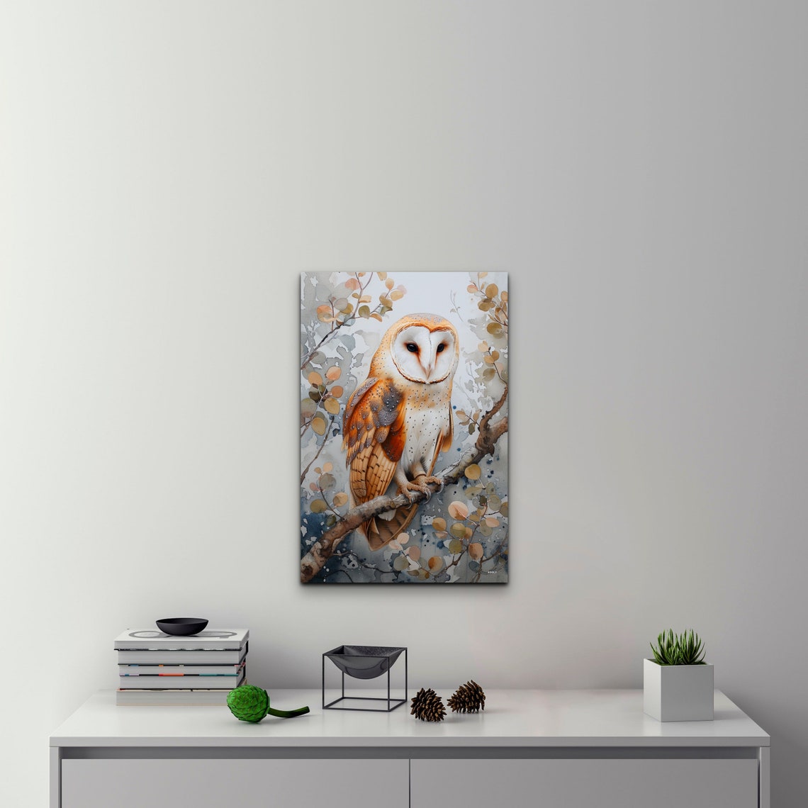 Barn Owl Front View Branch Watercolor Autumn Forest Bird Poster - Image 7