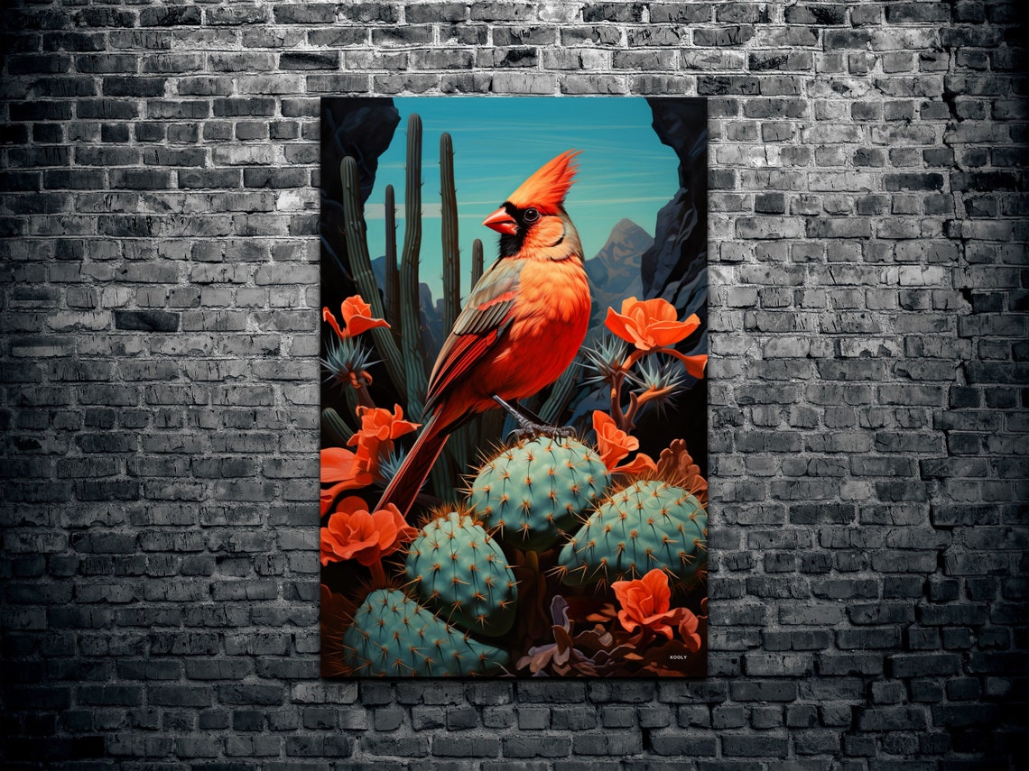 Male Northern Cardinal Perched on Cactus in the Desert Poster - Image 2