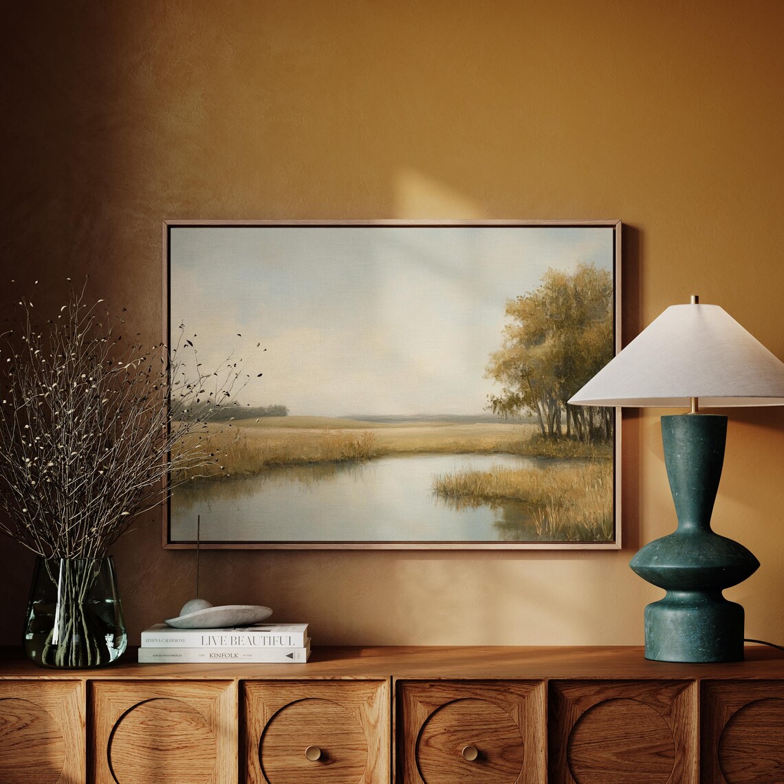 Calm River Wetland with Golden Grasses and Trees in Soft Light Poster