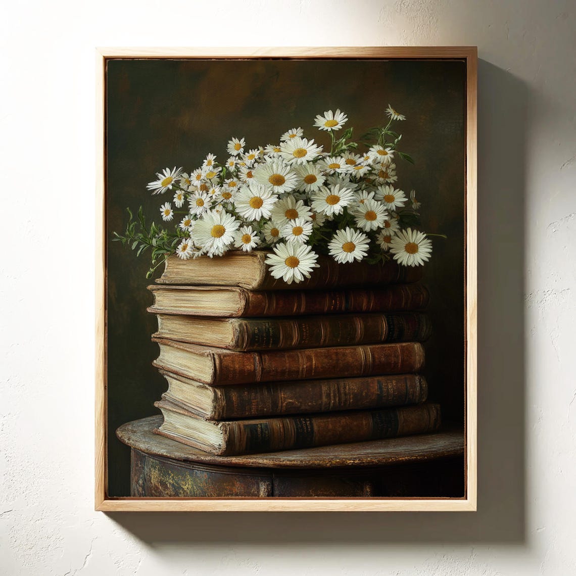 Stack Of Vintage Books Topped With White Daisies Dark Library Wall Art - Image 5