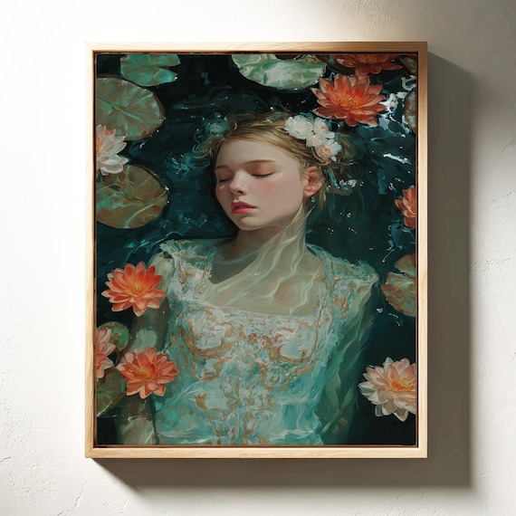 Woman Floating Among Water Lilies Dreamy Oil Painting Poster