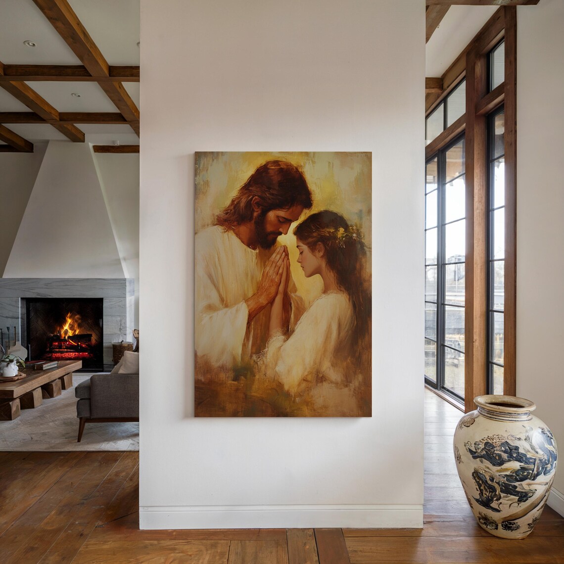 Jesus Praying With Woman in Golden Light Christian Devotion Art Print - Image 3