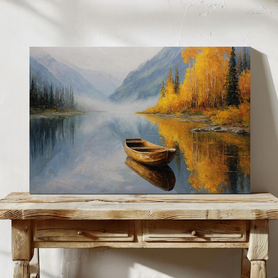 Wooden Canoe on Mirror Autumn Mountain Lake Landscape Poster