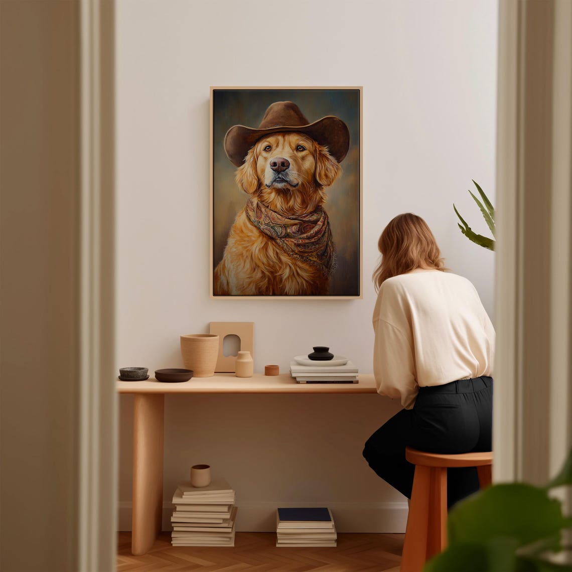 Golden Retriever Cowboy Blue Backdrop Western Dog Portrait Poster - Image 3