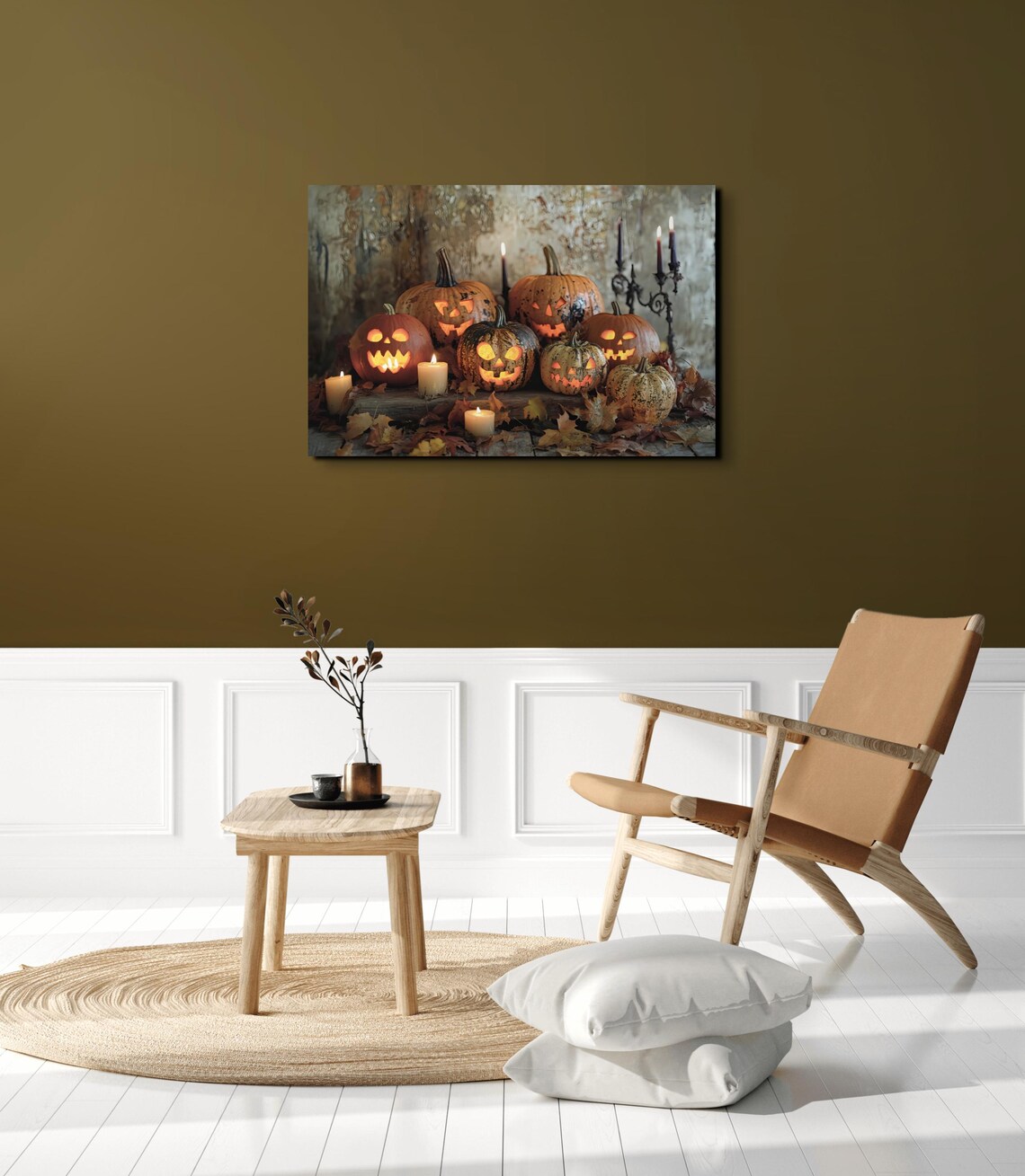Glowing Jack O Lantern Pumpkins With Candles Among Autumn Leaves Poster - Image 4