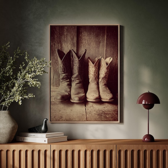 Two Pairs Of Worn Cowboy Boots Sepia Western Ranch Photo Print