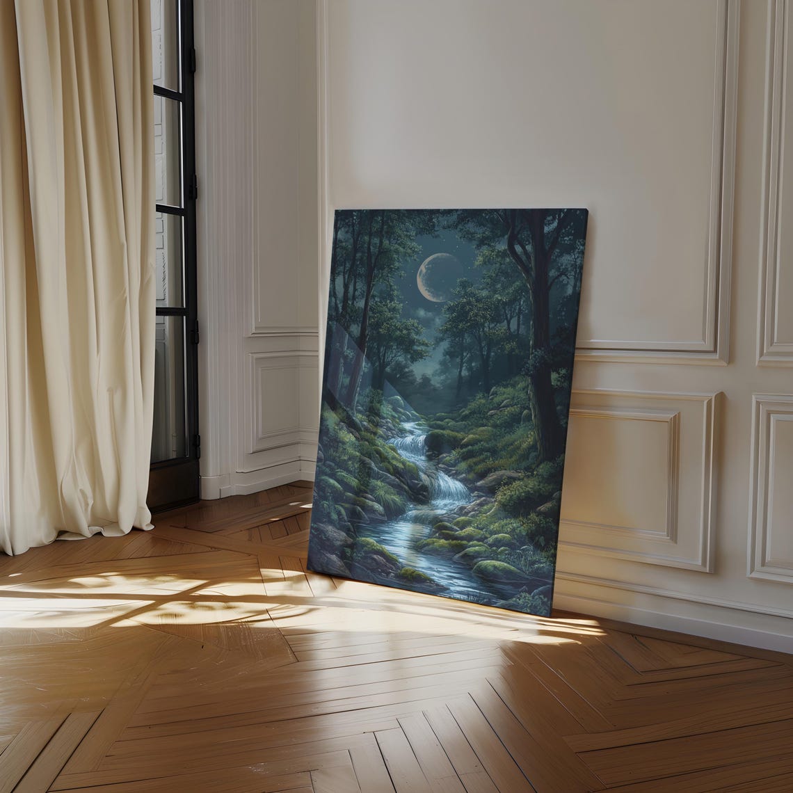 Enchanting Forest Stream Under Moonlight Serene Nature Wall Art For Tranquil Home Decor - Image 4