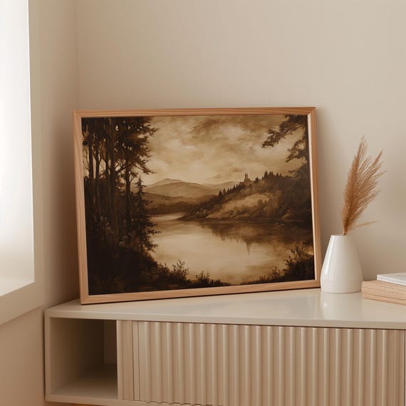 Sepia Mountain Castle Canvas Vintage Lake Landscape Wall Art With Trees Reflections Rustic Nature Decor For Timeless Interiors