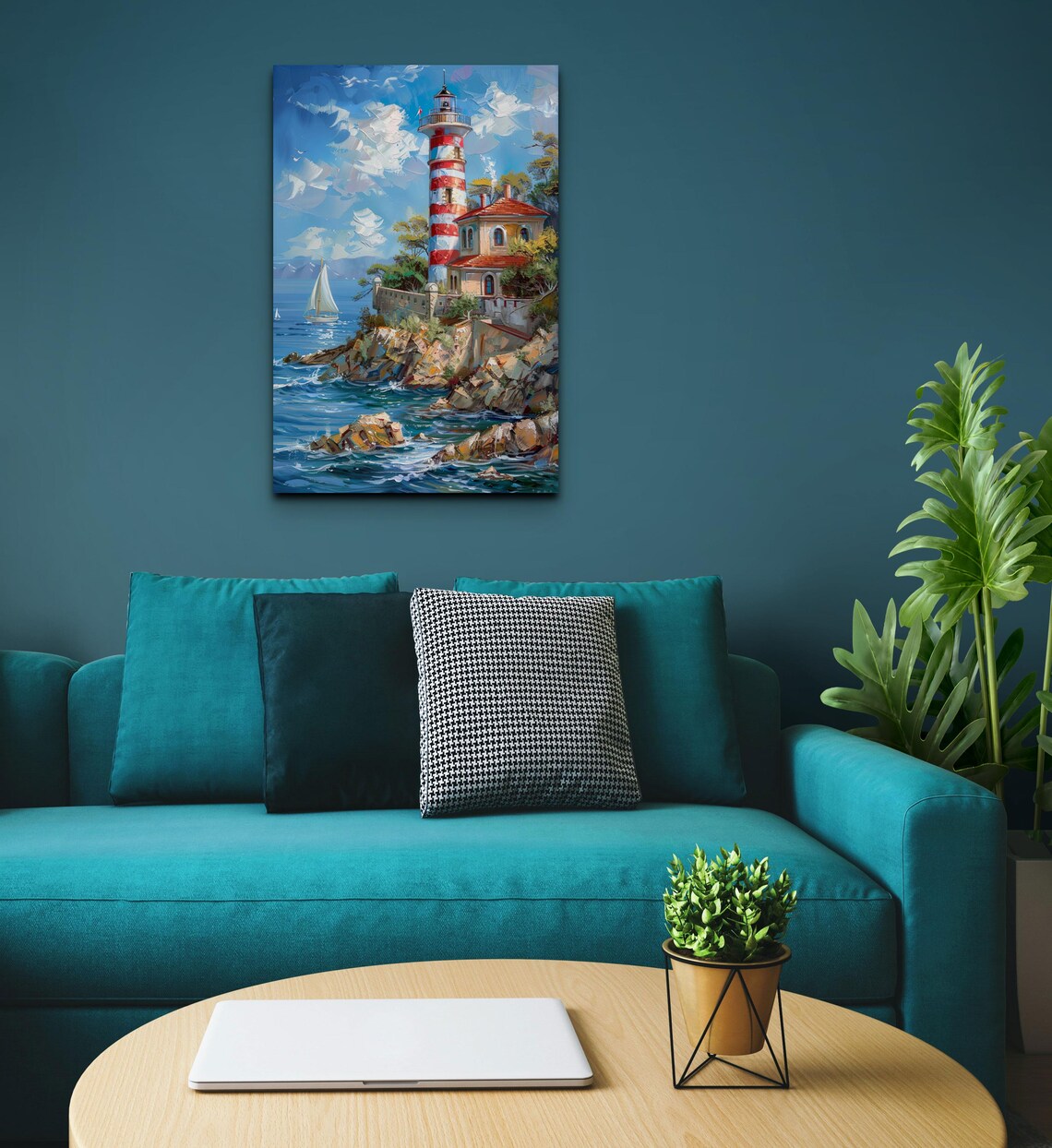 Striped Lighthouse on Rocky Cliff With Sailboats Seaside Poster - Image 6