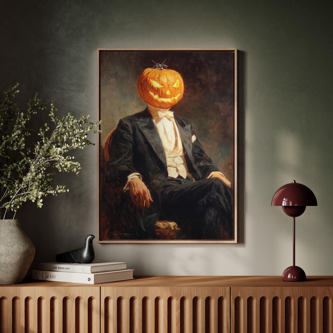 Jack O Lantern Head Gentleman In Tuxedo Spooky Victorian Portrait Wall Art