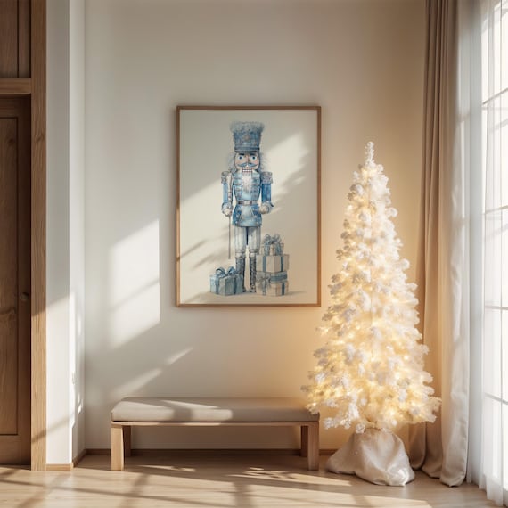 Blue Nutcracker Soldier With Gift Boxes Watercolor Christmas Poster