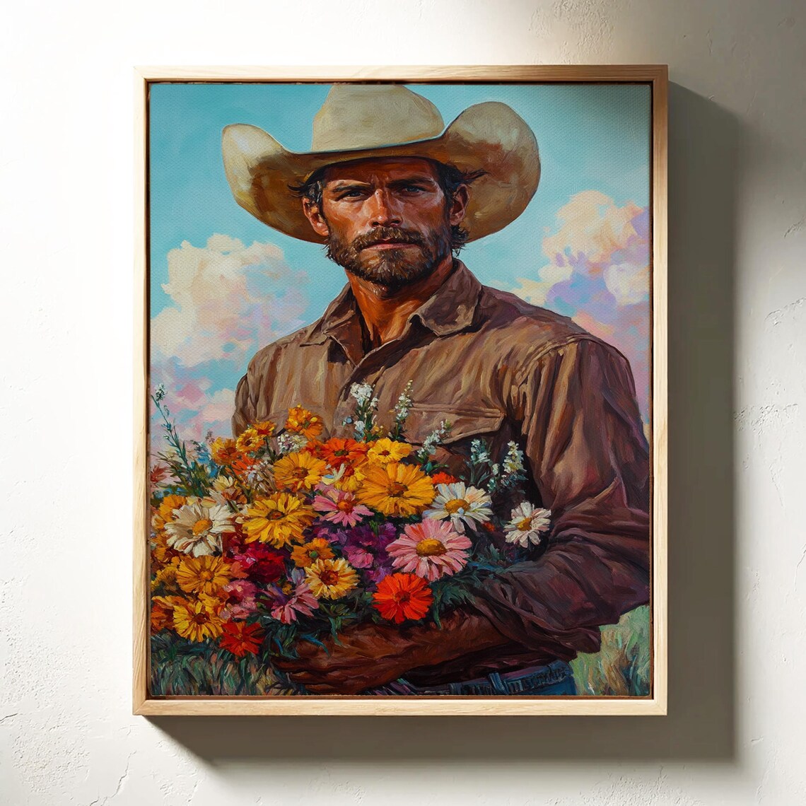 Rugged Cowboy Holding Wildflower Bouquet Western Style Poster - Image 3