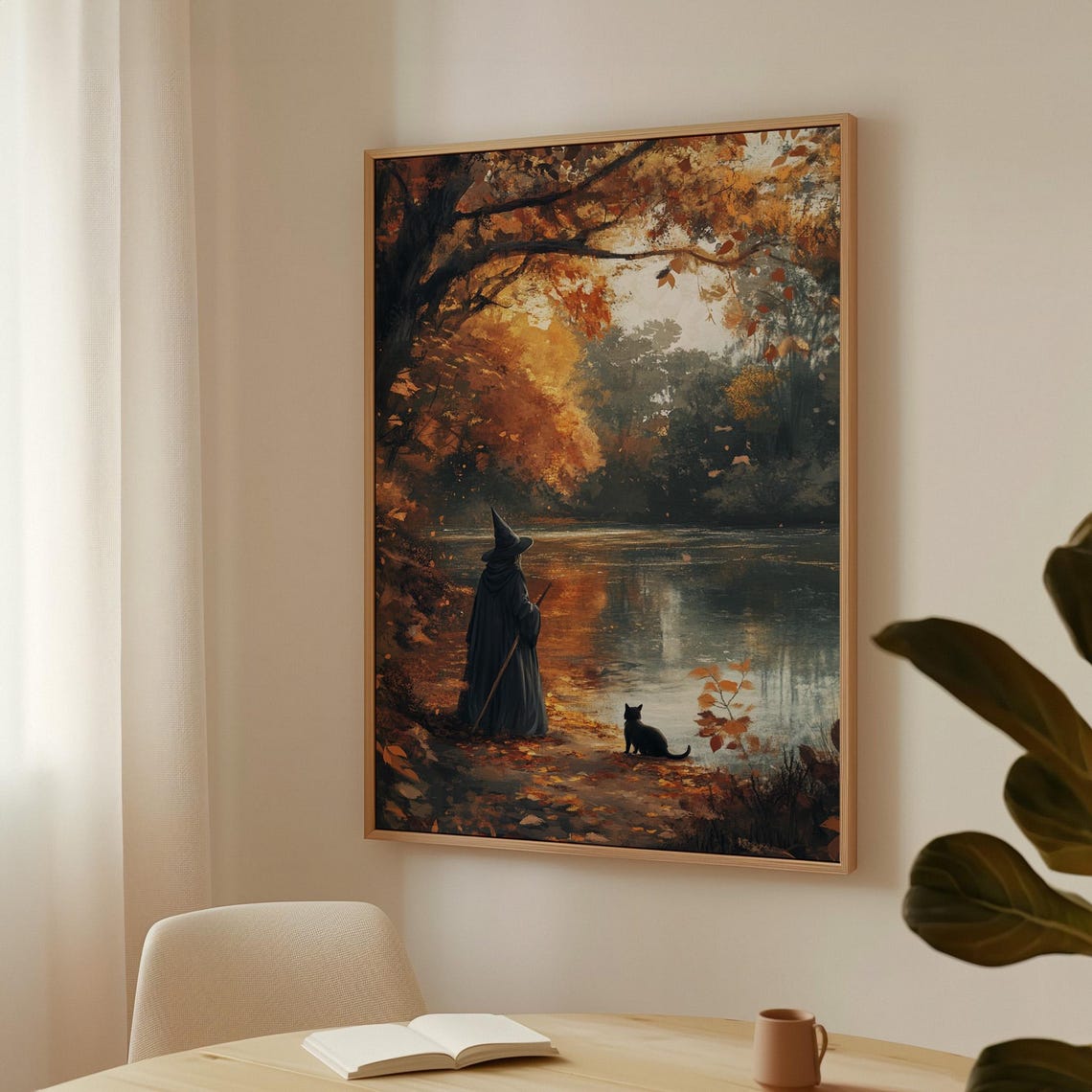 Witch And Black Cat By Autumn Lake Reflective Fall Forest Scene Poster