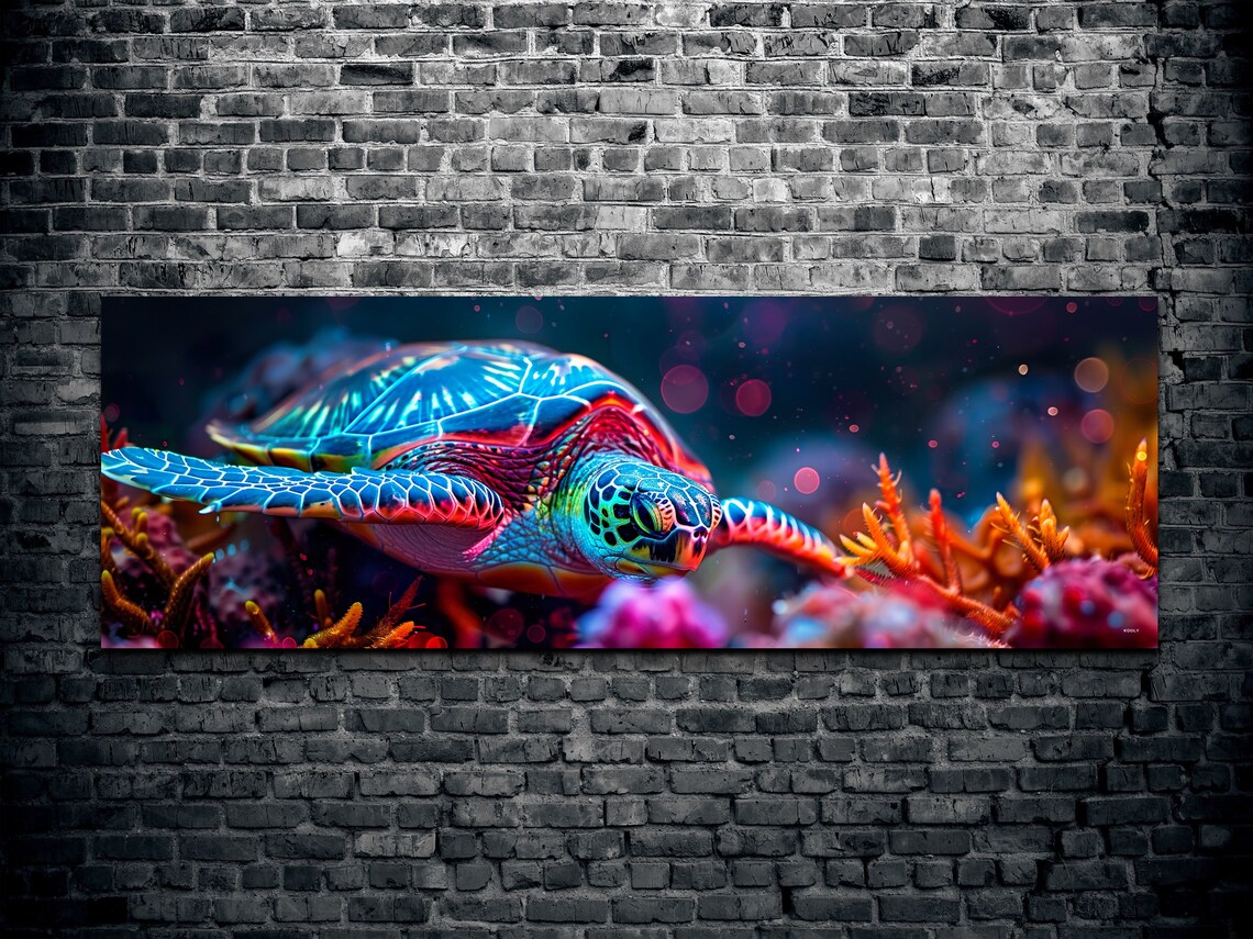 Sea Turtle Neon Glow Over Coral Panoramic Underwater Art Poster - Image 2