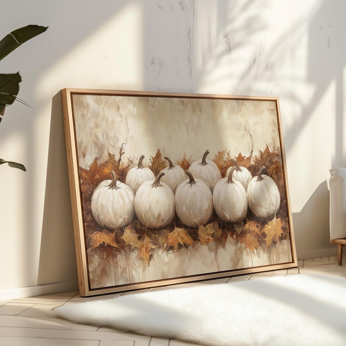 White Pumpkins Among Autumn Leaves Warm Farmhouse Fall Still Life Poster