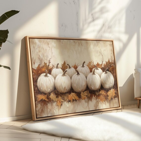 White Pumpkins Among Autumn Leaves Warm Farmhouse Fall Still Life Poster