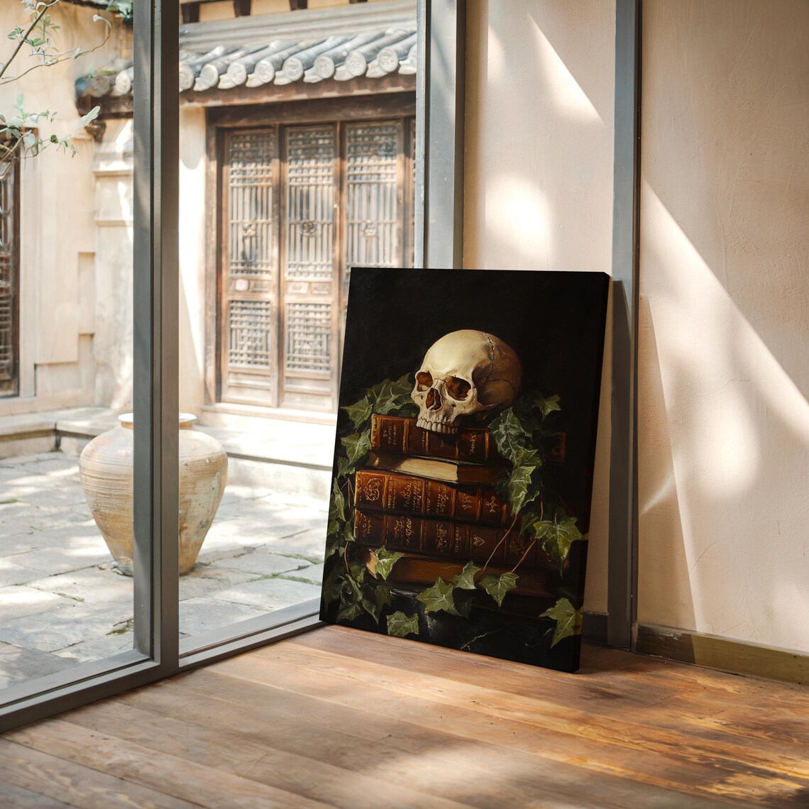 Classic Skull Still Life On Stack Of Antique Books With Dark Ivy Poster - Image 4
