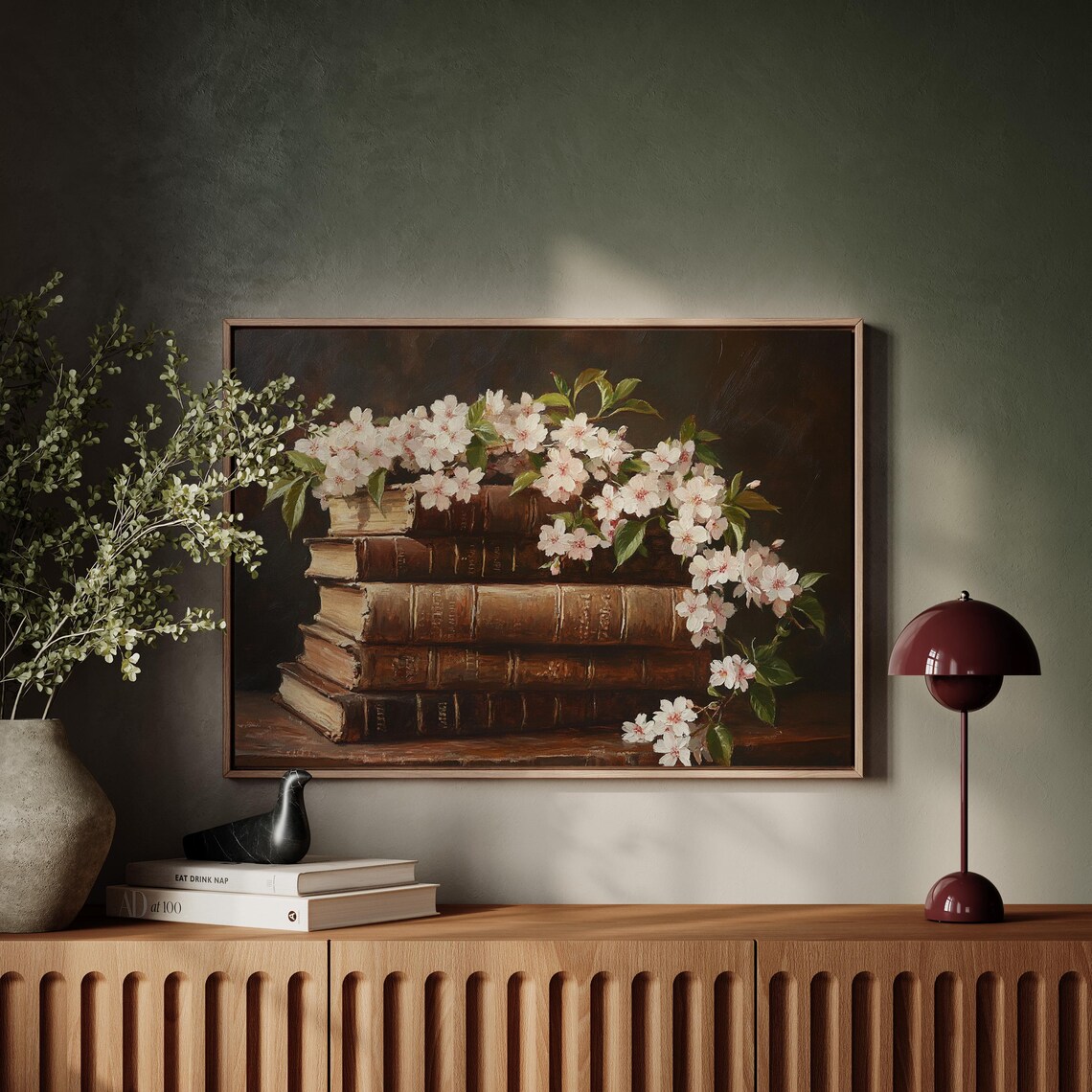 Antique Books White Blossoms Dark Vintage Floral Library Art Poster - Image 5