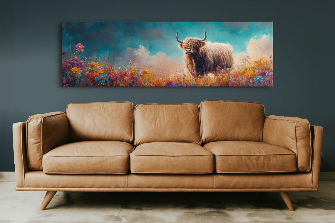 Highland Cow Wildflower Meadow Rustic Landscape Colorful Wall Art - Image 5