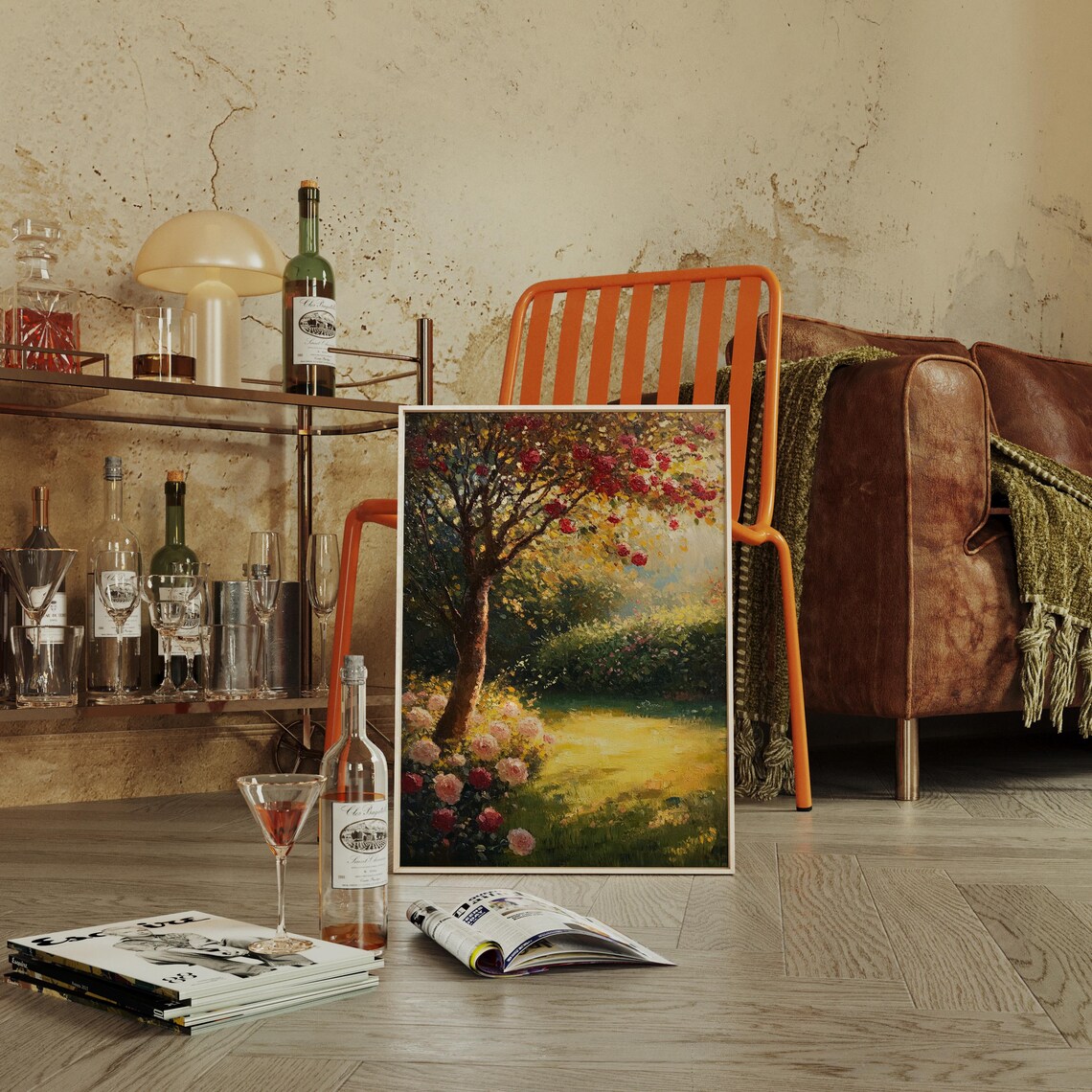 Romantic Garden Rose Tree, Vintage Oil Painting - Image 2