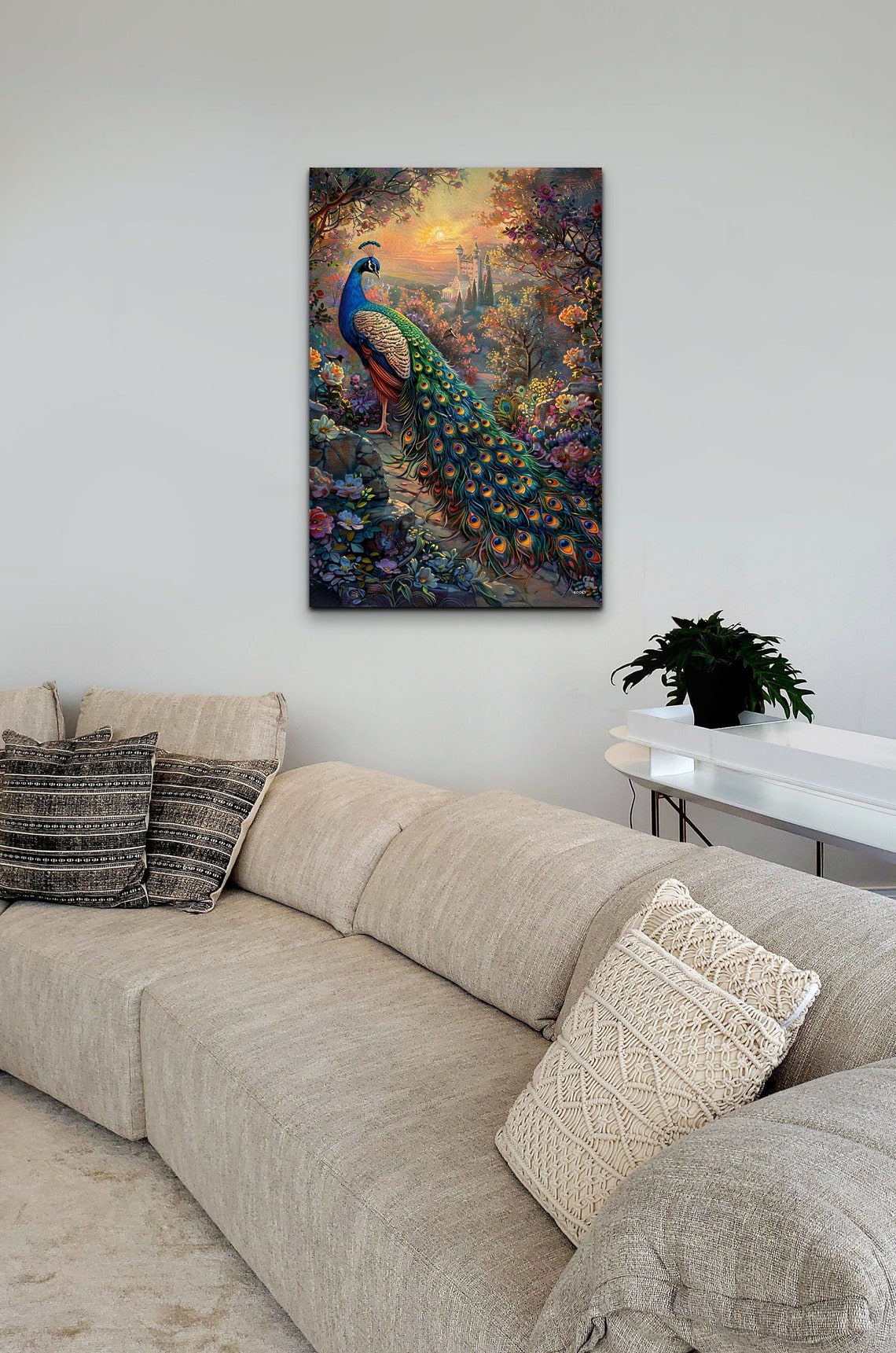 Peacock On Stone Garden Path Sunset Blooms Fantasy Painting Wall Art - Image 5