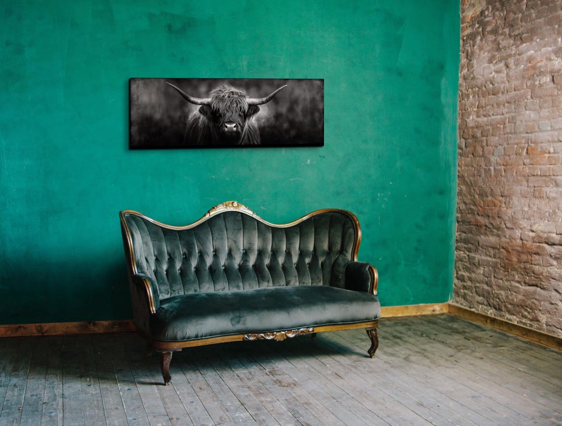 Highland Cow Portrait Black and White Panoramic Photo Poster - Image 4
